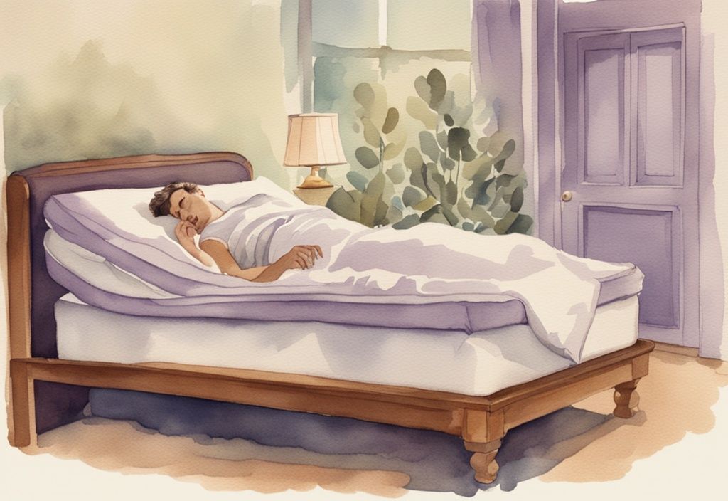Aquarellillustration einer Person mit Bandscheibenvorfall, die auf einer speziell entworfenen Matratze bequem schläft, Hauptfarbe Lavendel, betont die unterstützenden Eigenschaften der Matratze
