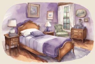 Vintage-Aquarell-Illustration eines gut dekorierten Zimmers mit einem Twin-Bett, das mit den Maßen und einem Etikett "Twin Bed" versehen ist; was ist ein Twin Bett