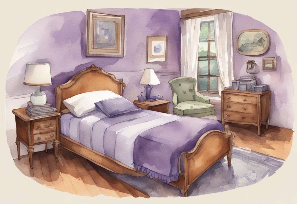 Vintage-Aquarell-Illustration eines gut dekorierten Zimmers mit einem Twin-Bett, das mit den Maßen und einem Etikett "Twin Bed" versehen ist; was ist ein Twin Bett
