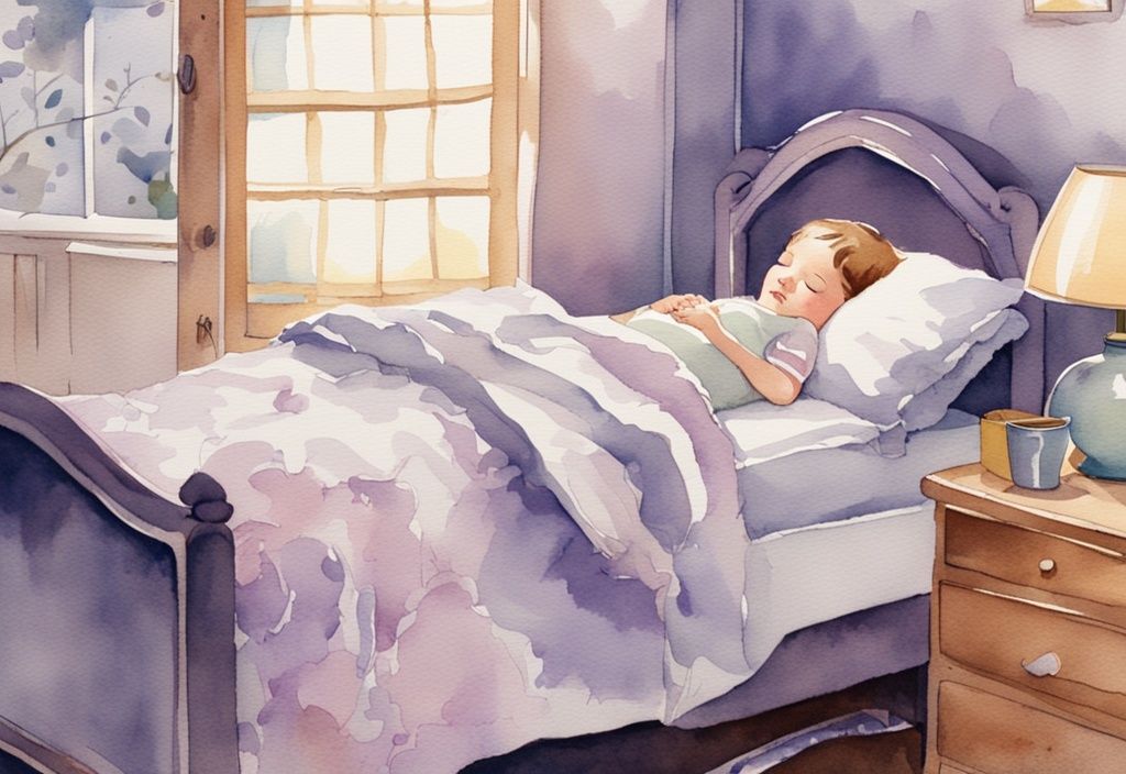 Vintage Aquarell-Illustration eines Kindes, das friedlich auf einer 90x200 Matratze in einem hell dekorierten Kinderzimmer schläft, Hauptfarbthema Lavendel.