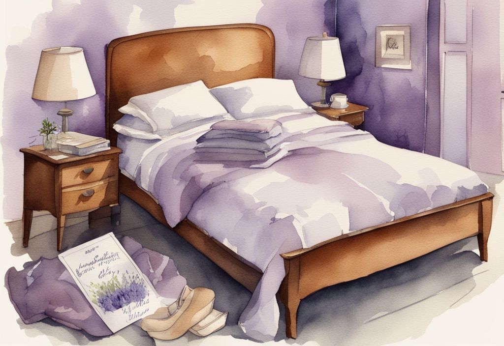 Vintage Aquarell-Illustration eines ordentlich gemachten Bettes mit glatten, faltenfreien Bettlaken und einem Etikett, das anzeigt, welche Bettwäsche ist bügelfrei, Hauptfarbthema Lavendel.