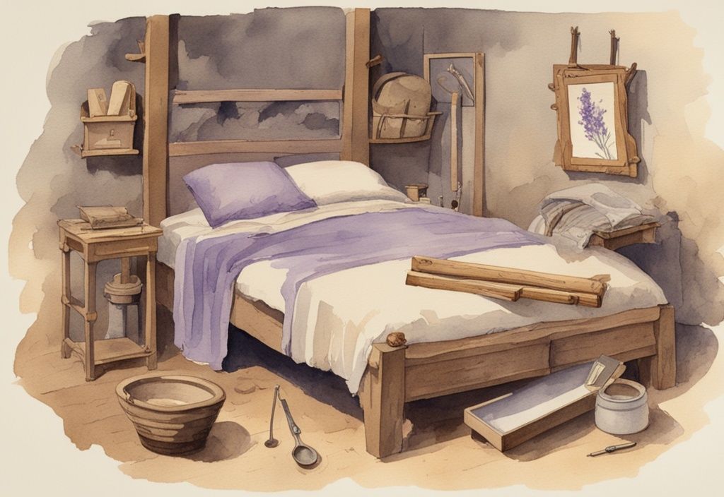 Vintage Aquarellillustration eines antiken Handwerkers, der ein einfaches Holzgestell für ein Bett baut, umgeben von Werkzeugen der Epoche, Hauptfarbton Lavendel.