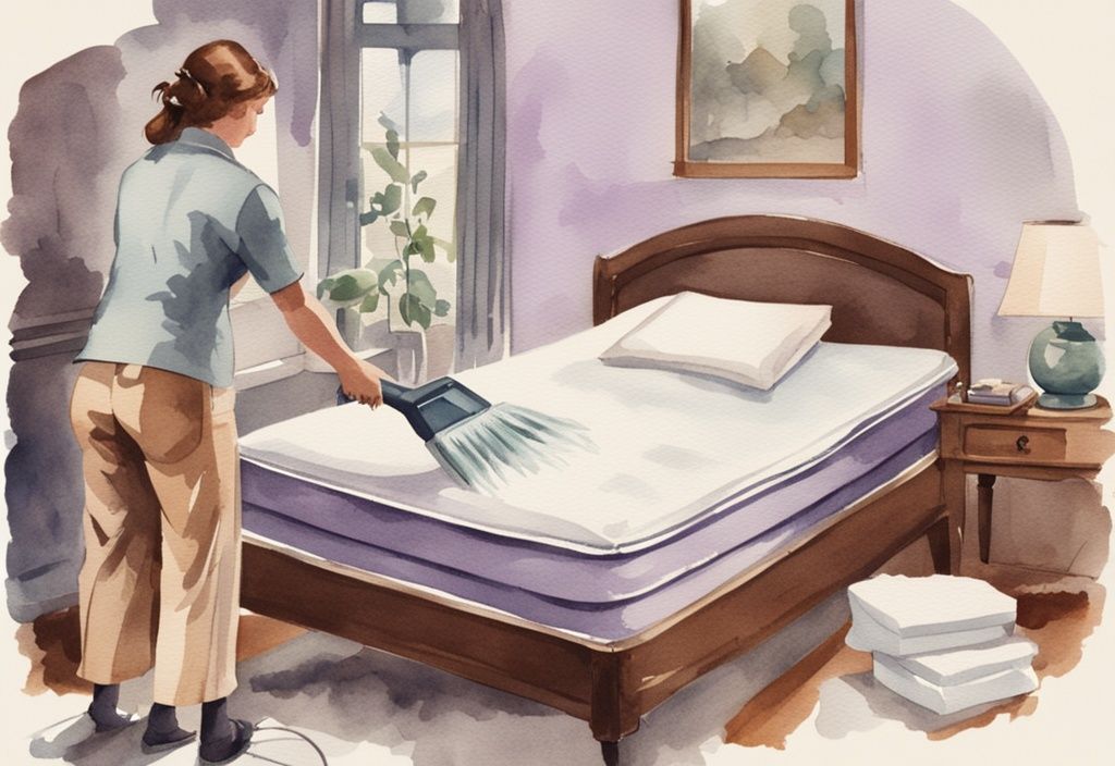 Vintage Aquarell-Illustration in Lavendel-Tönen: Person reinigt Matratze mit Bürste, Staubsauger und natürlicher Reinigungslösung.