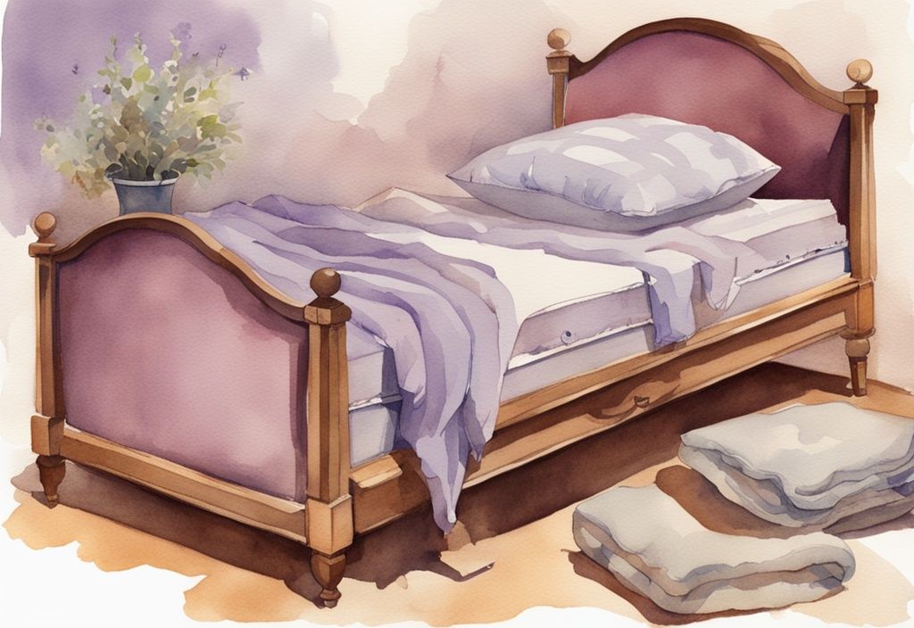 Vintage-Aquarellillustration eines Seitenschläfers auf verschiedenen Matratzen mit Eigenschaften, die für Seitenschläfer vorteilhaft sind - welche Matratze für Seitenschläfer.