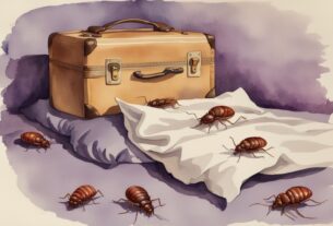 Vintage Aquarell-Illustration: Nahaufnahme von Bettwanzen, die von einem Koffer auf das Bett kriechen, zeigt wie kommen Bettwanzen ins Bett.