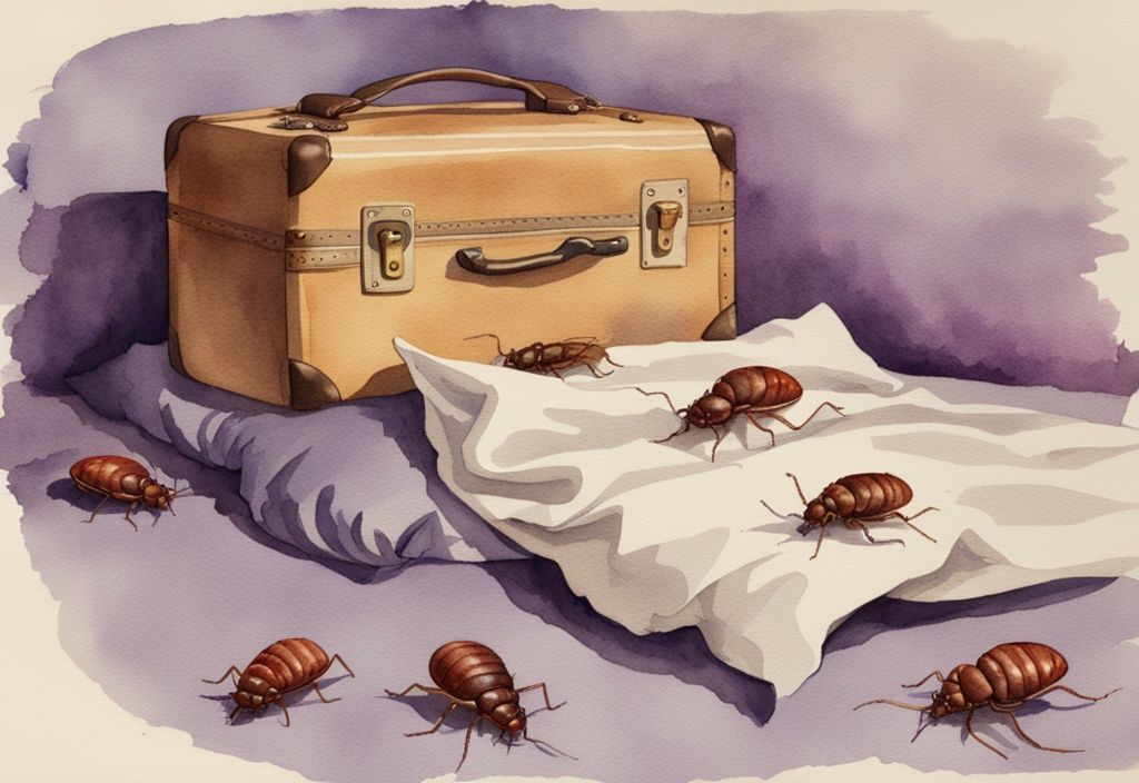 Vintage Aquarell-Illustration: Nahaufnahme von Bettwanzen, die von einem Koffer auf das Bett kriechen, zeigt wie kommen Bettwanzen ins Bett.