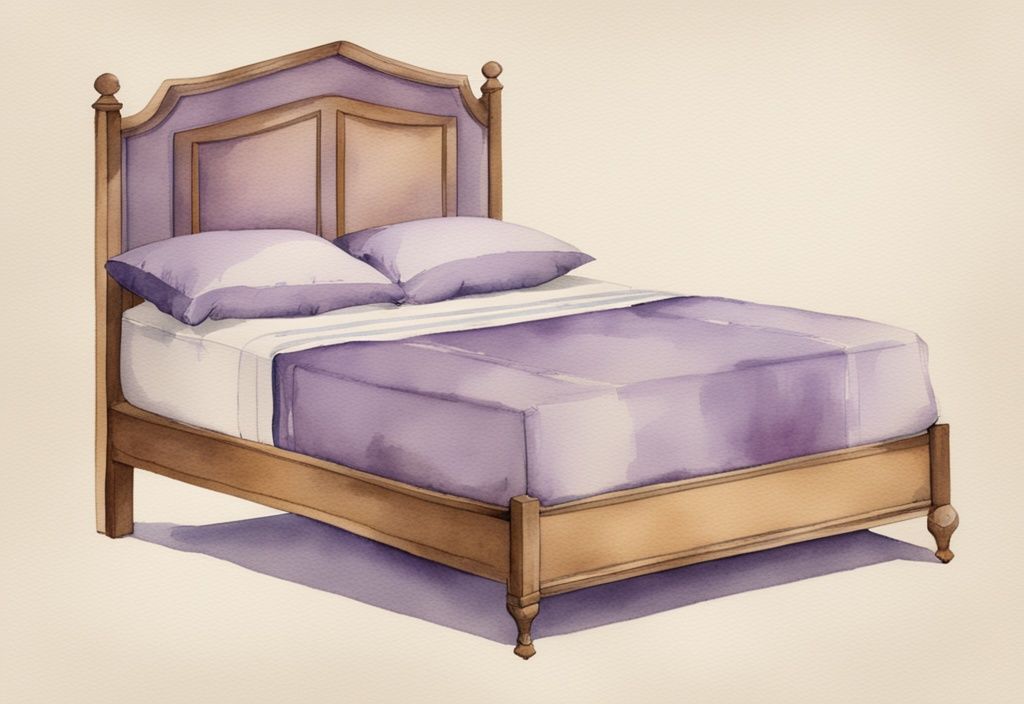 Vintage Aquarellillustration eines Bettes mit Maßlinien und Höhenangaben, die zeigen, wie hoch ist ein Bett vom Boden bis zur Matratzenoberkante, Hauptfarbthema Lavendel.