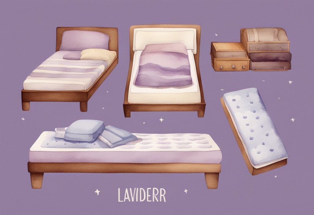 Vintage Aquarell-Illustration in Lavendel, die verschiedene Matratzen mit unterschiedlichen Materialien und Festigkeitsgraden zeigt, begleitet von Symbolen für verschiedene Schlafstile und Körpertypen – welche Matratze passt zu mir.