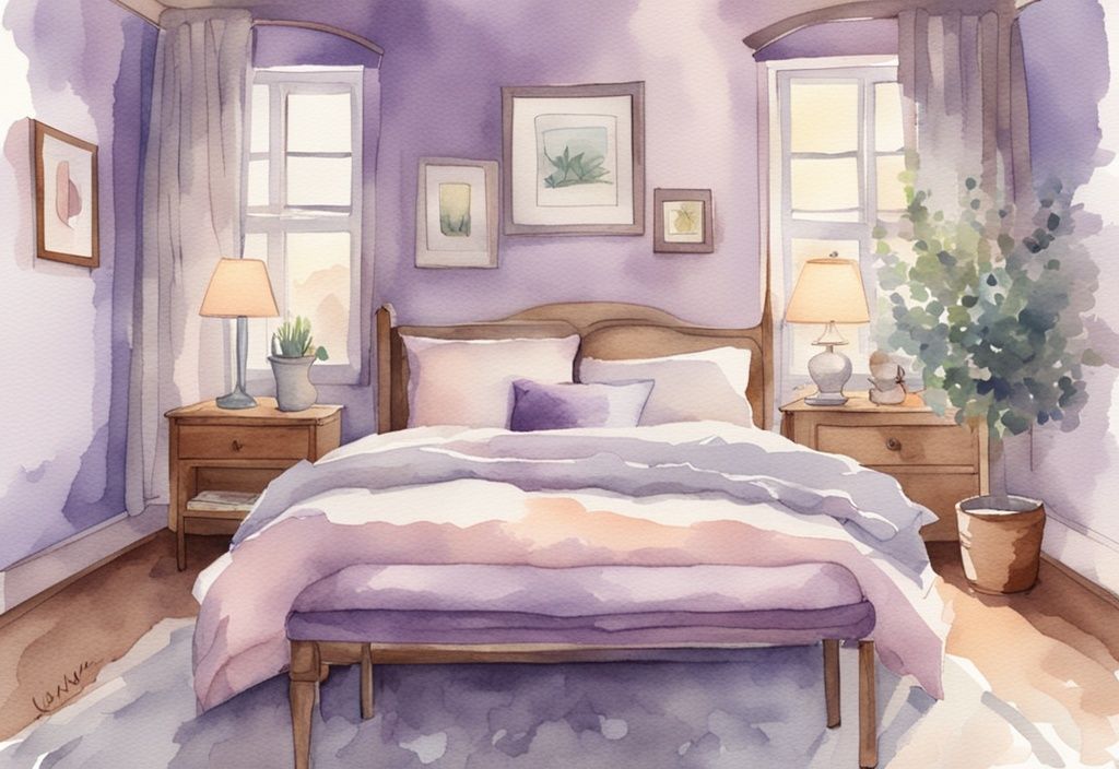 Vintage Aquarell-Illustration eines gut beleuchteten, gemütlichen Schlafzimmers mit einem großen, bequemen Bett und Seersucker-Bettwäsche in sanften Pastellfarben, Hauptfarbthema Lavendel.