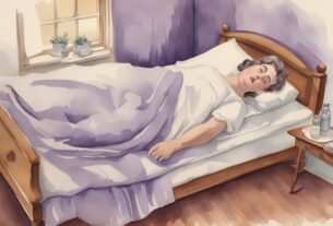 Vintage-Aquarell-Illustration einer kranken Person im Bett mit schwebendem Infografik-Overlay, das zeigt, wie viel Kalorien verbrennt man wenn man krank im Bett liegt.