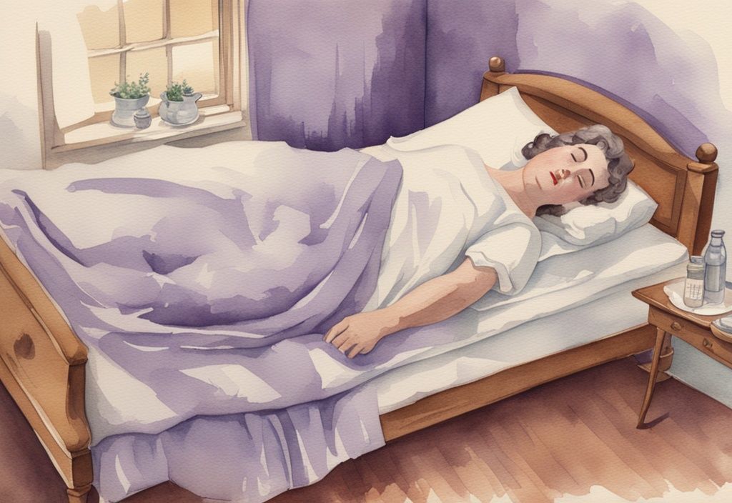 Vintage-Aquarell-Illustration einer kranken Person im Bett mit schwebendem Infografik-Overlay, das zeigt, wie viel Kalorien verbrennt man wenn man krank im Bett liegt.