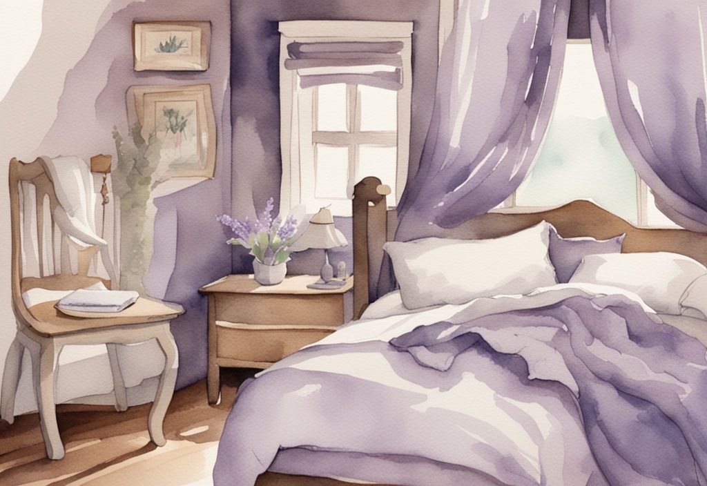 Vintage Aquarellillustration eines gemütlichen Schlafzimmers mit Musselin Bettwäsche in natürlichen Tönen, was ist Musselin Bettwäsche.