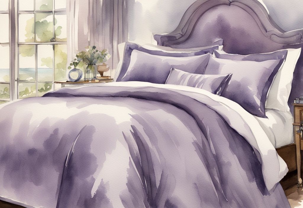 Vintage Aquarellillustration von luxuriösem Mako-Satin-Bettwäsche-Set in elegantem, gut beleuchtetem Schlafzimmer, Hauptfarbe Lavendel.