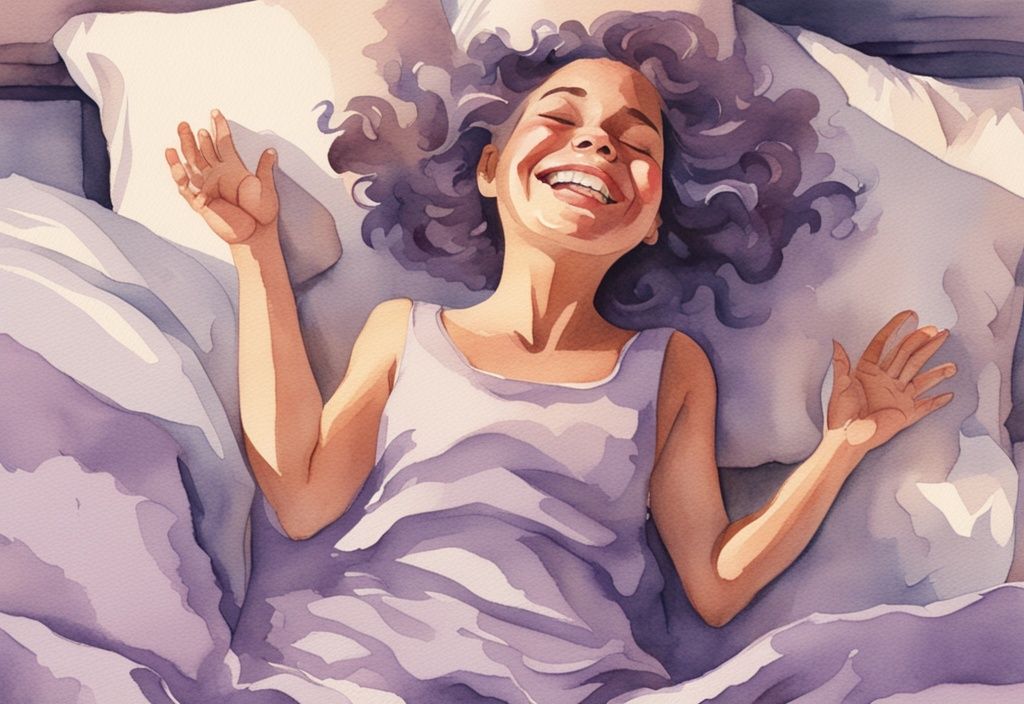 Vintage Aquarellillustration einer Person, die sich mit einem Lächeln streckt und energetisch aus einem sonnenbeschienenen, gemütlichen Bett aufsteht, wie komme ich morgens besser aus dem Bett