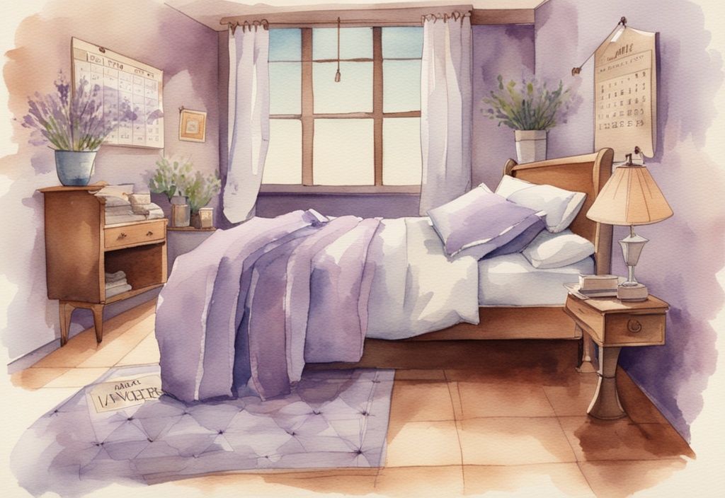 Vintage Aquarellillustration mit Lavendel-Thema, Kalender im Vordergrund mit markierten Daten, Bett mit frischer Bettwäsche im Hintergrund