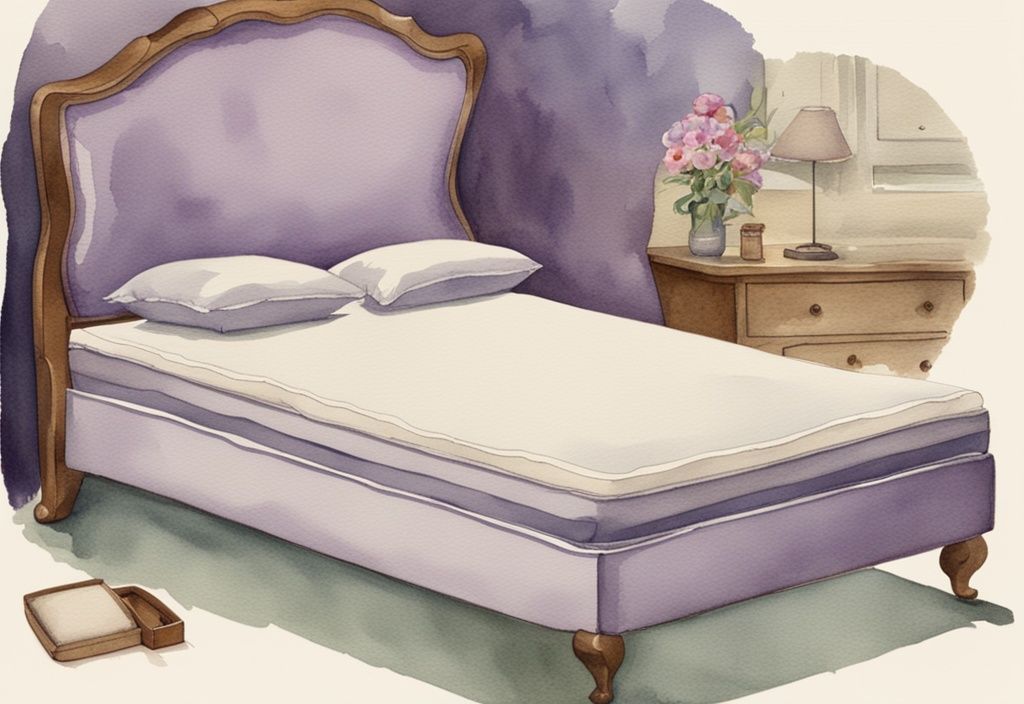 Vintage Aquarellillustration: Vergleich von Kaltschaummatratze und Taschenfederkernmatratze, jeweils halbiert, um die inneren Schichten zu zeigen, Hauptfarbthema Lavendel.