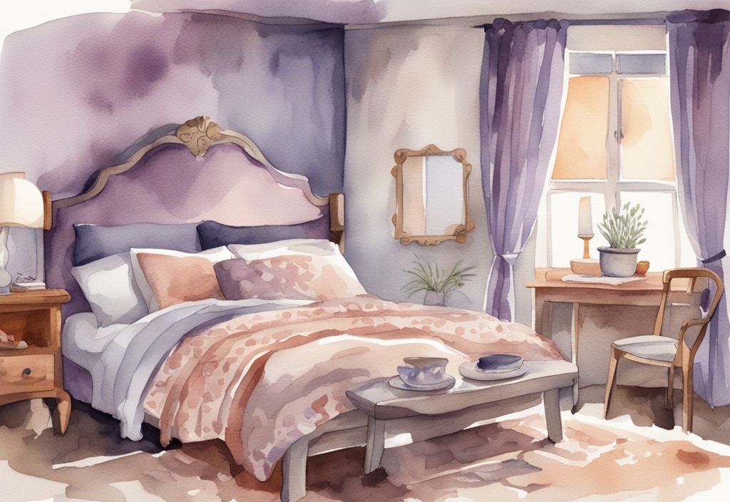 Vintage Aquarell-Illustration eines gemütlichen Schlafzimmers mit Lavendel-Farbschema, zeigt ein Bett mit kuscheliger Winterbettwäsche in verschiedenen Texturen und Mustern.