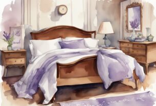 Vintage Aquarell-Illustration eines ordentlich gemachten Bettes mit glatter, faltenfreier Bettwäsche und einem Etikett, das zeigt, welche Bettwäsche ist bügelfrei, in Lavendelfarben.