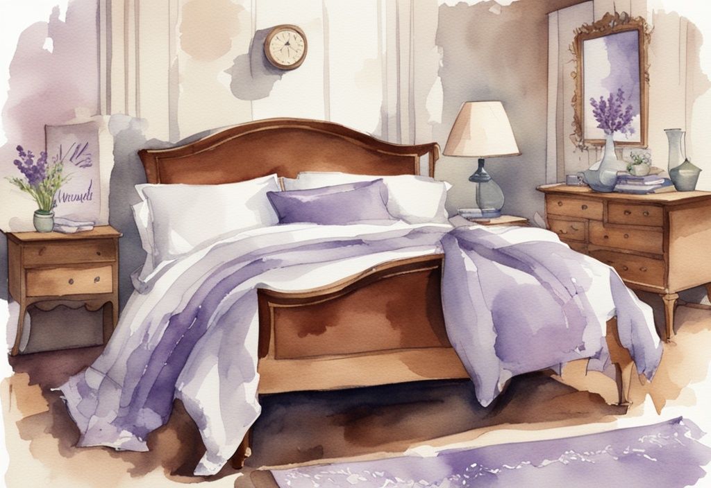 Vintage Aquarell-Illustration eines ordentlich gemachten Bettes mit glatter, faltenfreier Bettwäsche und einem Etikett, das zeigt, welche Bettwäsche ist bügelfrei, in Lavendelfarben.