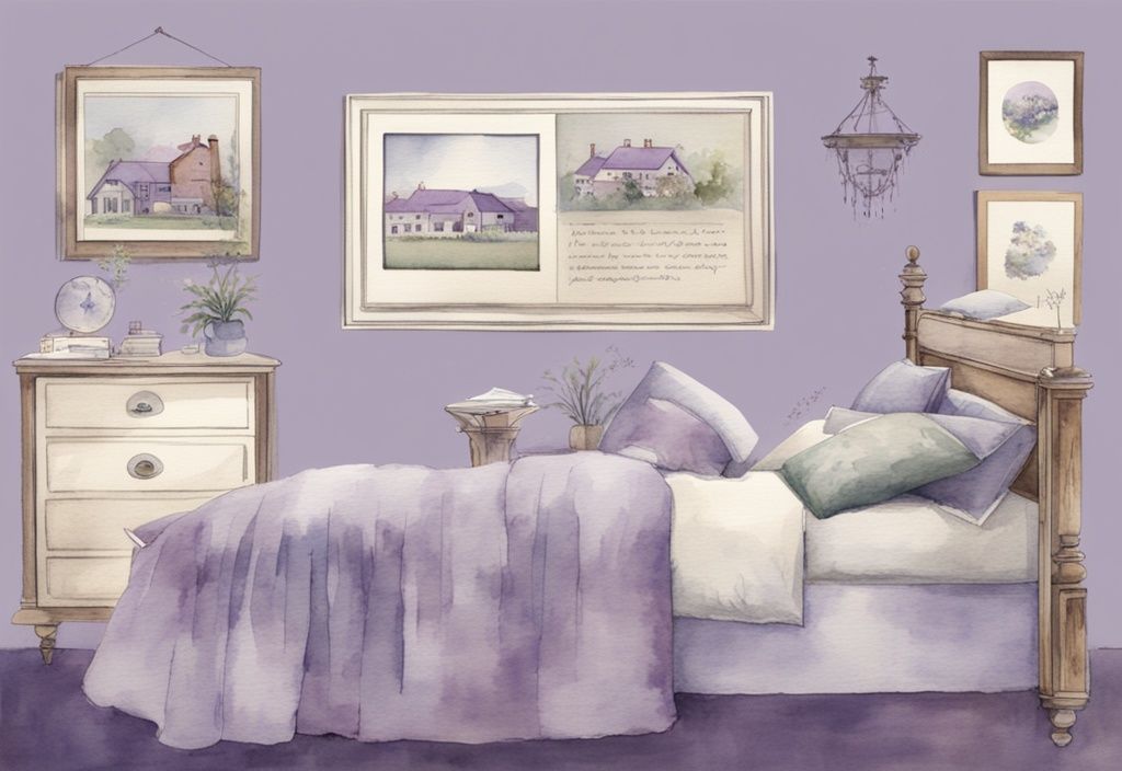 Vintage Aquarell-Illustration mit Lavendel-Farbschema, zeigt Zeitleiste der Entwicklung des 90x200 Bett Designs von der Entstehung bis heute