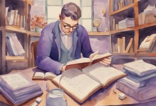Vintage-Aquarellillustration eines Mannes, der vertieft ein Buch mit dem Titel "Wie merke ich" liest, umgeben von verschiedenen Benachrichtigungssymbolen.