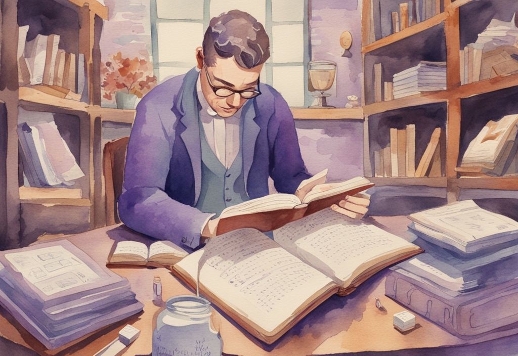 Vintage-Aquarellillustration eines Mannes, der vertieft ein Buch mit dem Titel "Wie merke ich" liest, umgeben von verschiedenen Benachrichtigungssymbolen.