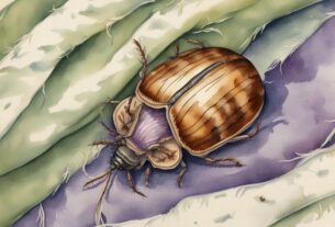Vintage Aquarell-Illustration von Teppichkäfer-Larven im Bett, Nahaufnahme auf Lavendelfarbenen Bettlaken.
