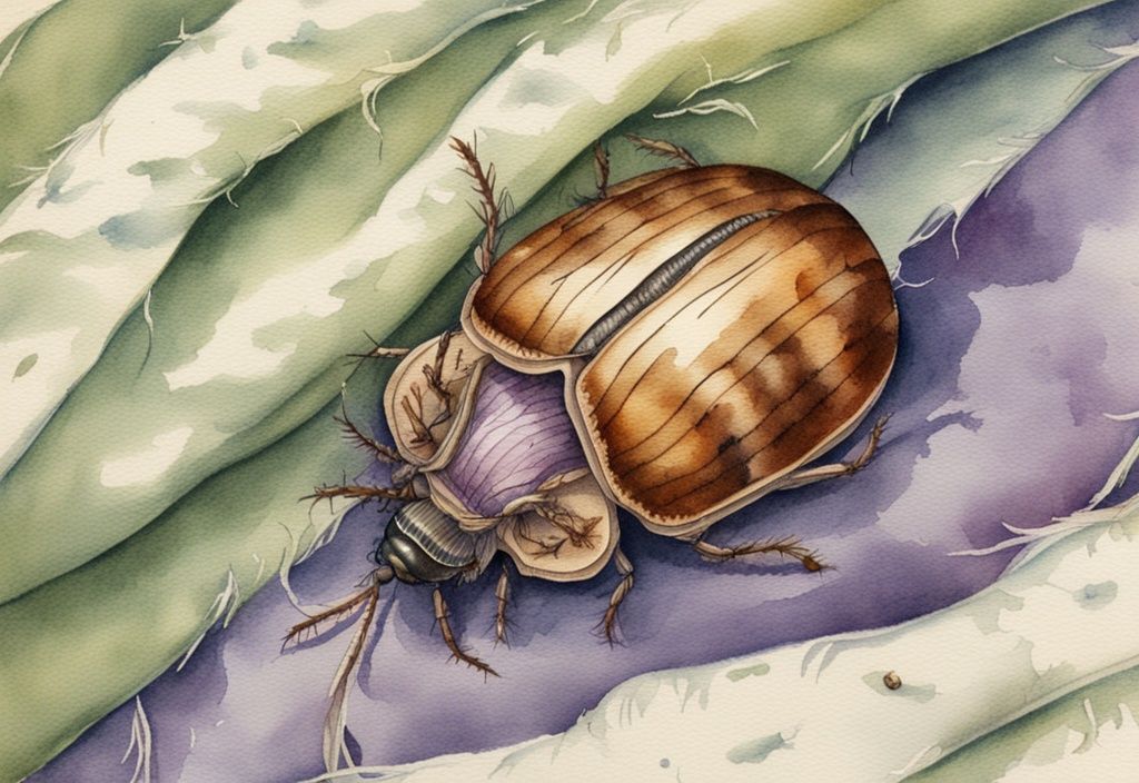 Vintage Aquarell-Illustration von Teppichkäfer-Larven im Bett, Nahaufnahme auf Lavendelfarbenen Bettlaken.