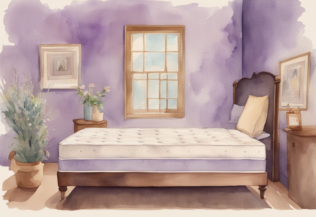 Vintage-Aquarell-Illustration in Lavendel, die verschiedene Lebensphasen einer Matratze auf einer Zeitleiste zeigt und wichtige Momente für den Austausch hervorhebt.