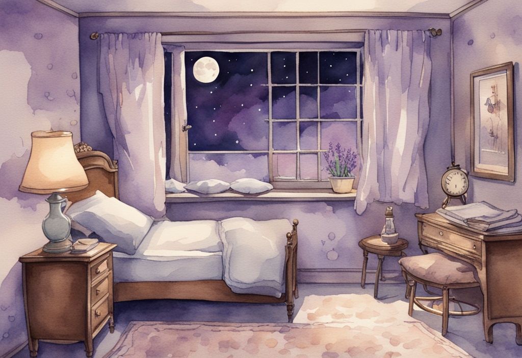 Vintage Aquarellillustration eines ruhigen Schlafzimmers bei Nacht mit Lavendelfarben, digitaler Uhrzeit, schlafender Person und mondbeschienenem Fenster, ideale Schlafenszeit andeutend