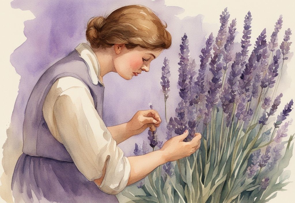 Vintage Aquarell-Illustration einer Person, die eine Blume aus nächster Nähe untersucht, mit Lavendel als Hauptfarbthema, das die Bedeutung von Details hervorhebt.