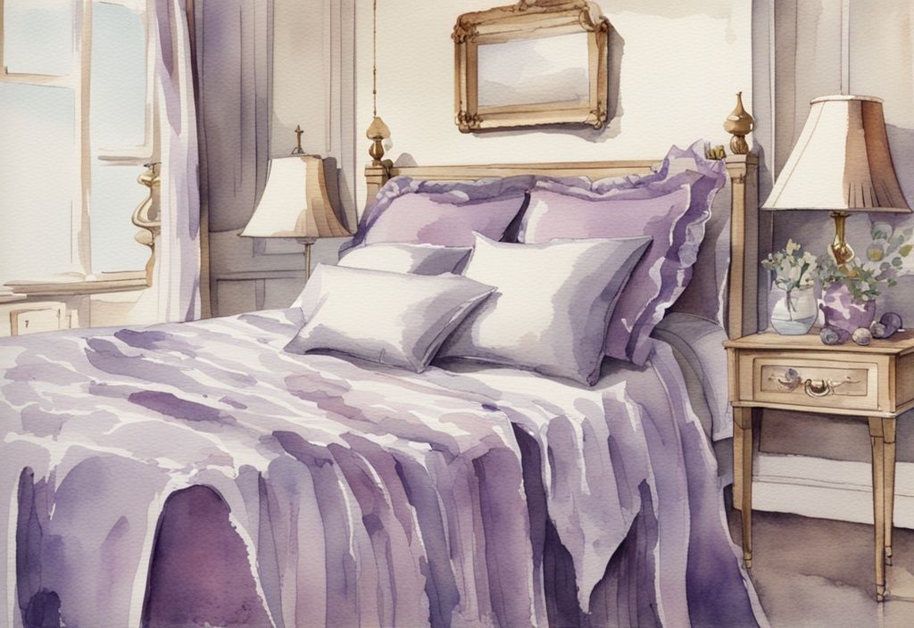 Vintage Aquarellillustration eines 180x200 Bettes mit passender Bettdecke in Lavendelfarben.