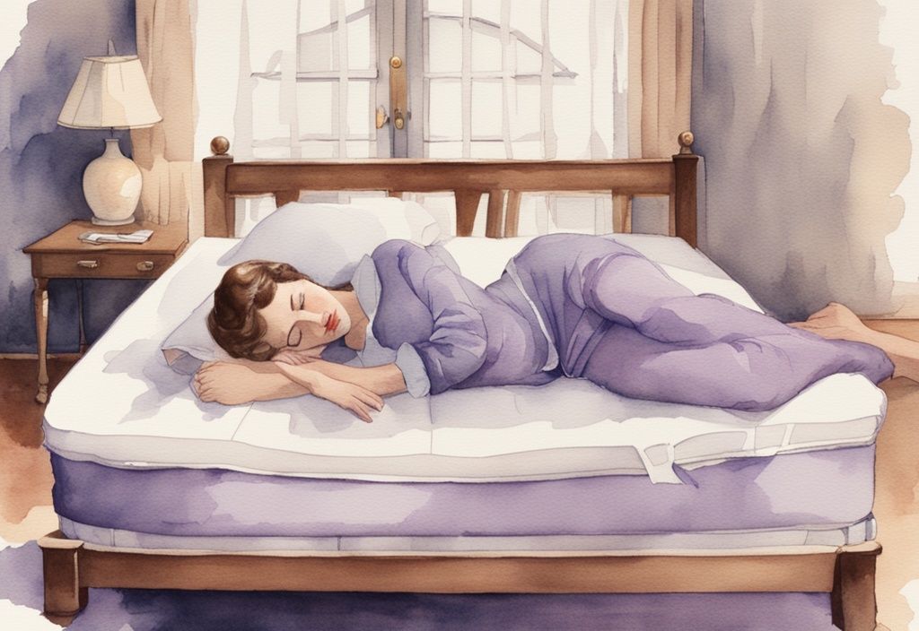 Vintage-Aquarellillustration einer Person, die bequem auf einer Matratze liegt, mit Schwerpunkt auf Rückenunterstützung, Hauptfarbthema Lavendel.