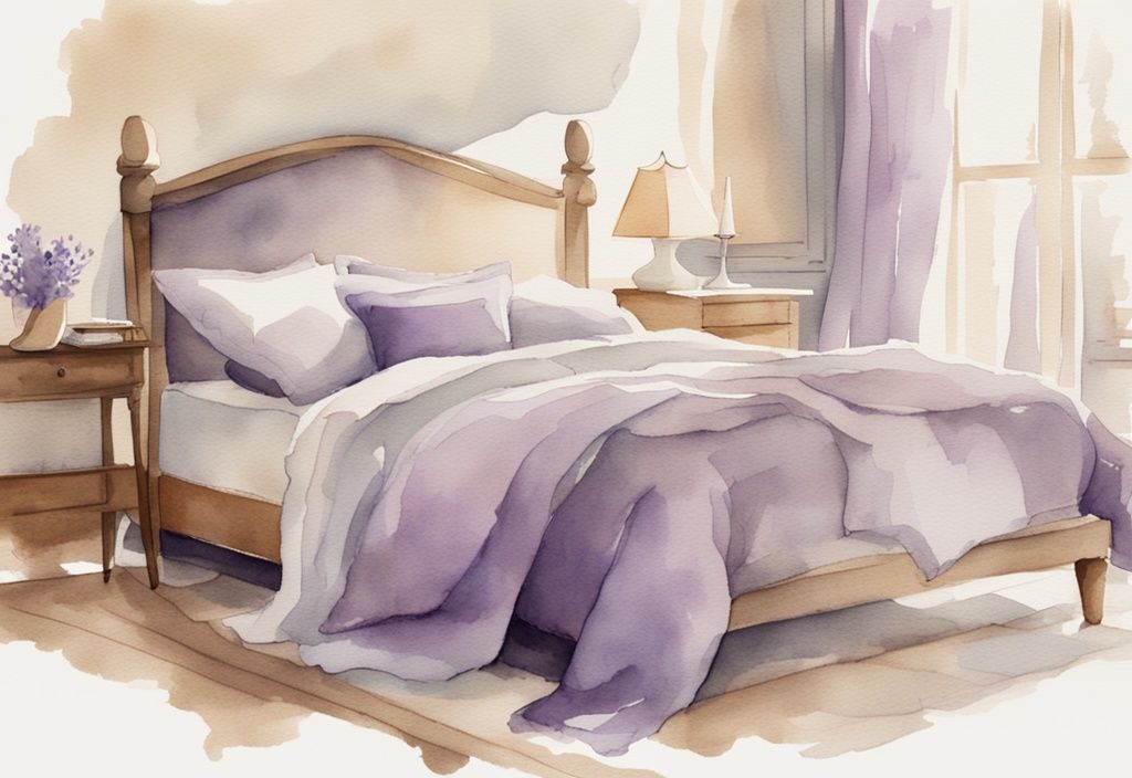 Vintage Aquarell-Illustration eines ruhigen Schlafzimmers mit Lavendel-Thema, Muslin-Bettwäsche in neutralen Tönen, atmungsaktiv und leicht.