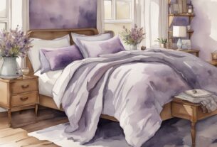 Vintage Aquarell-Illustration eines gemütlichen Schlafzimmers mit einem 180x200 Bett und einer perfekt passenden Tagesdecke, die die Frage beantwortet: welche Größe Tagesdecke für Bett 180x200.