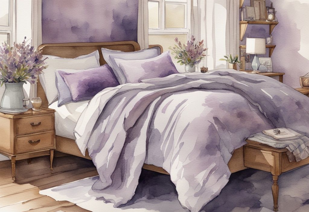 Vintage Aquarell-Illustration eines gemütlichen Schlafzimmers mit einem 180x200 Bett und einer perfekt passenden Tagesdecke, die die Frage beantwortet: welche Größe Tagesdecke für Bett 180x200.