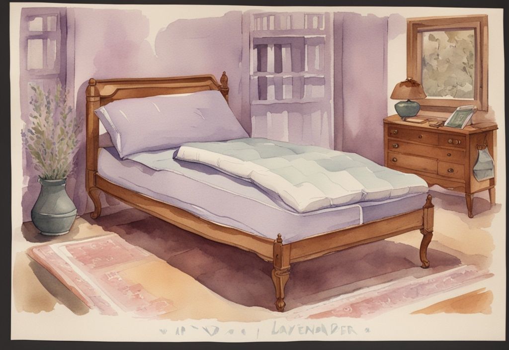 Vintage-Aquarell-Illustration eines Seitenschläfers auf einer Matratze, umgeben von verschiedenen Matratzenarten, die für Seitenschläfer geeignet sind, mit Lavendel-Farbthema.