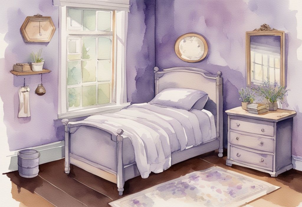 Vintage Aquarell-Illustration eines stilvollen Schlafzimmers mit lavendelfarbenem Thema und einem ordentlich gemachten Einzelbett neben einem Größenvergleichsdiagramm für Betten.