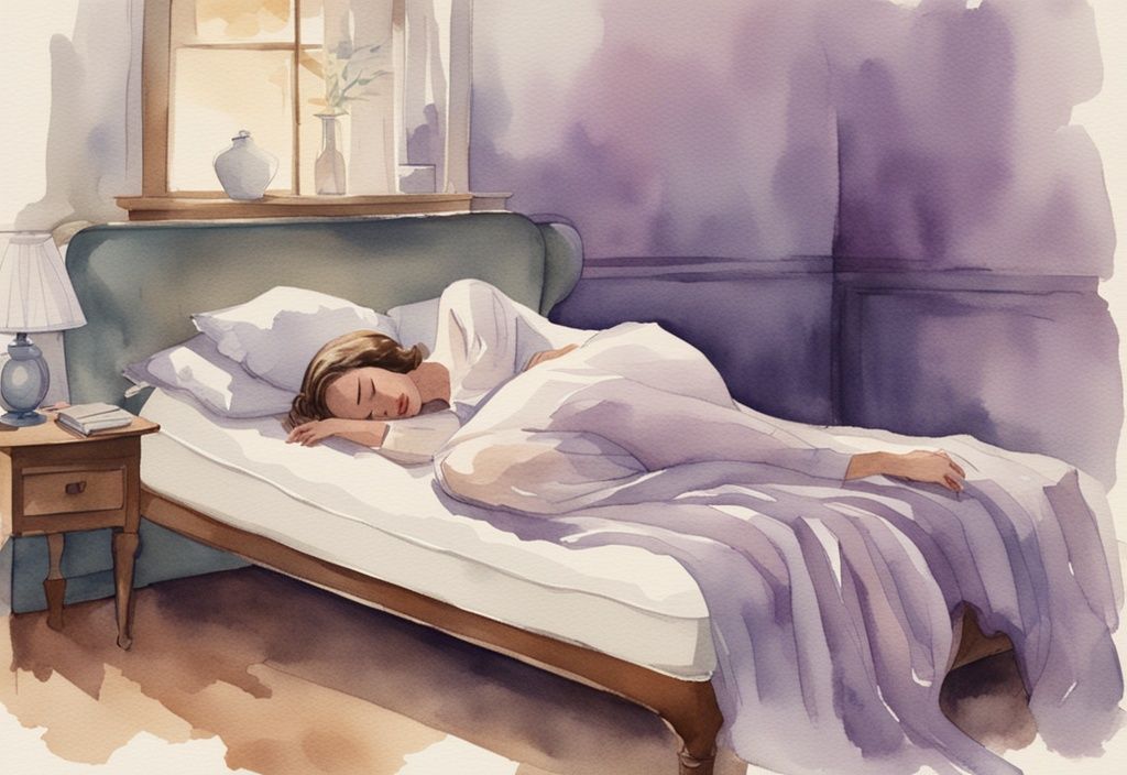 Vintage Aquarellillustration einer Person, die bequem auf einer Matratze schläft, mit Fokus auf den unteren Rückenbereich zur Unterstützung bei Rückenschmerzen; Hauptfarbthema Lavendel, welche Matratze bei Rückenschmerzen im Lendenbereich.
