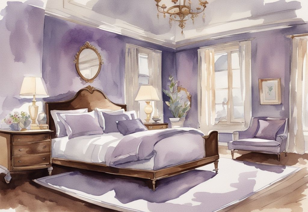 Vintage Aquarell-Illustration eines luxuriösen Schlafzimmers mit Mako Satin Bettwäsche, die glatte Textur und eleganten Glanz hervorhebt. Was ist Mako Satin Bettwäsche?
