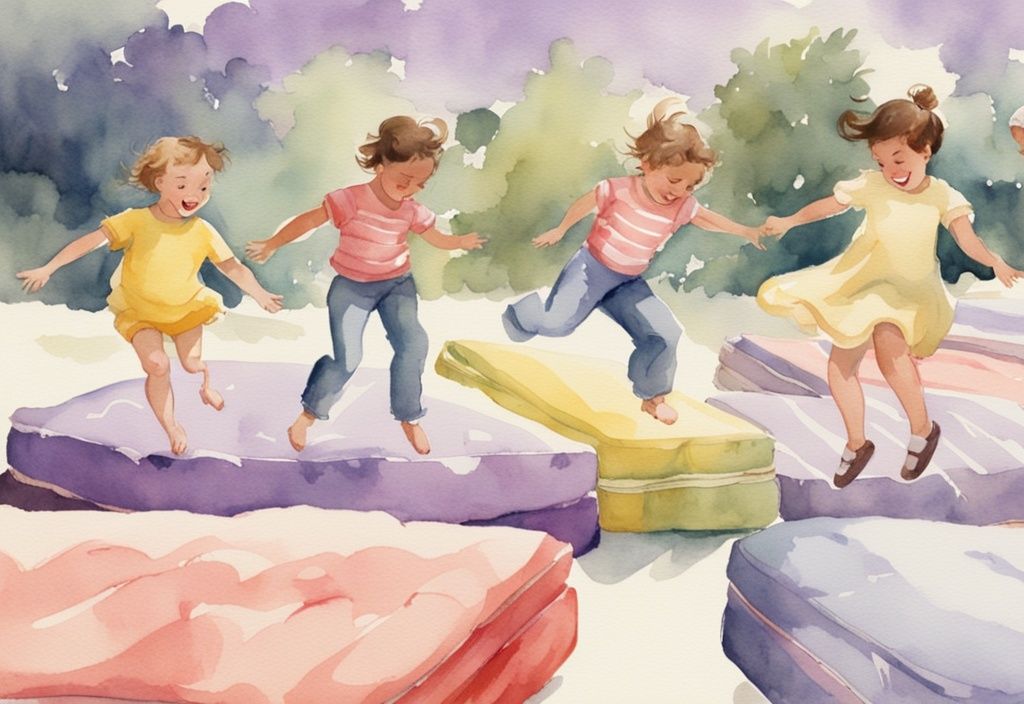 Vintage Aquarellillustration von Kindern, die auf bunten Matratzen springen, mit Lavendelfarben als Hauptthema, fröhliche Kindheitsszene