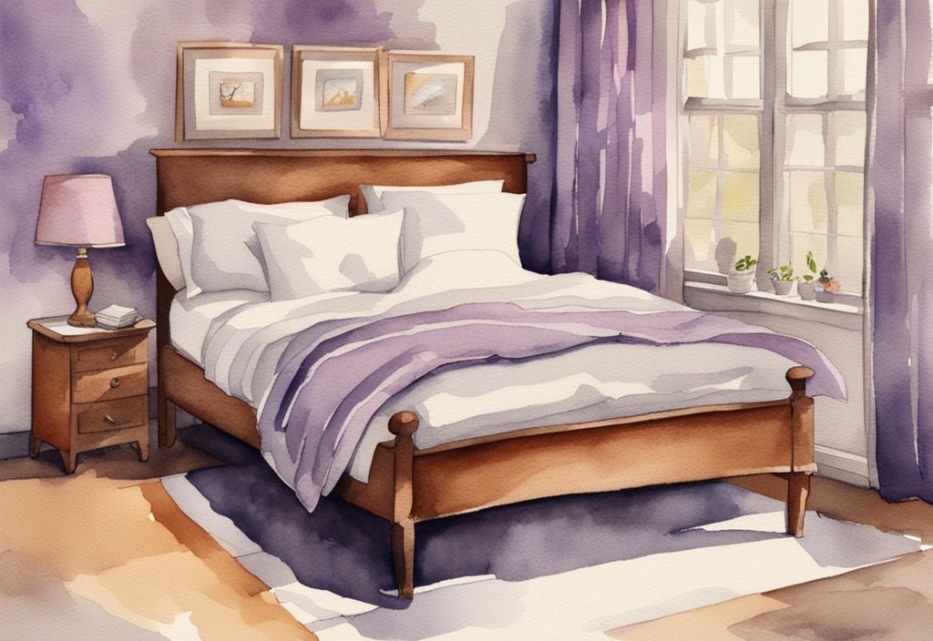 Vintage Aquarell-Illustration mit Lavendel-Farbschema, zeigt luxuriöses, gemütliches Frottee-Bettwäsche-Set neben einem leeren, ungemütlichen Bett ohne Bezüge.