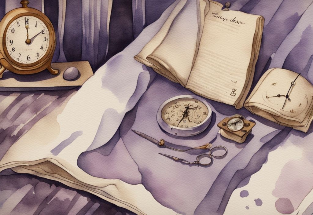 Vintage Aquarellillustration mit Lavendelfarben, vergrößertes Bild von Läusen auf Bettlaken und Sanduhr, die den Zeitverlauf symbolisiert.