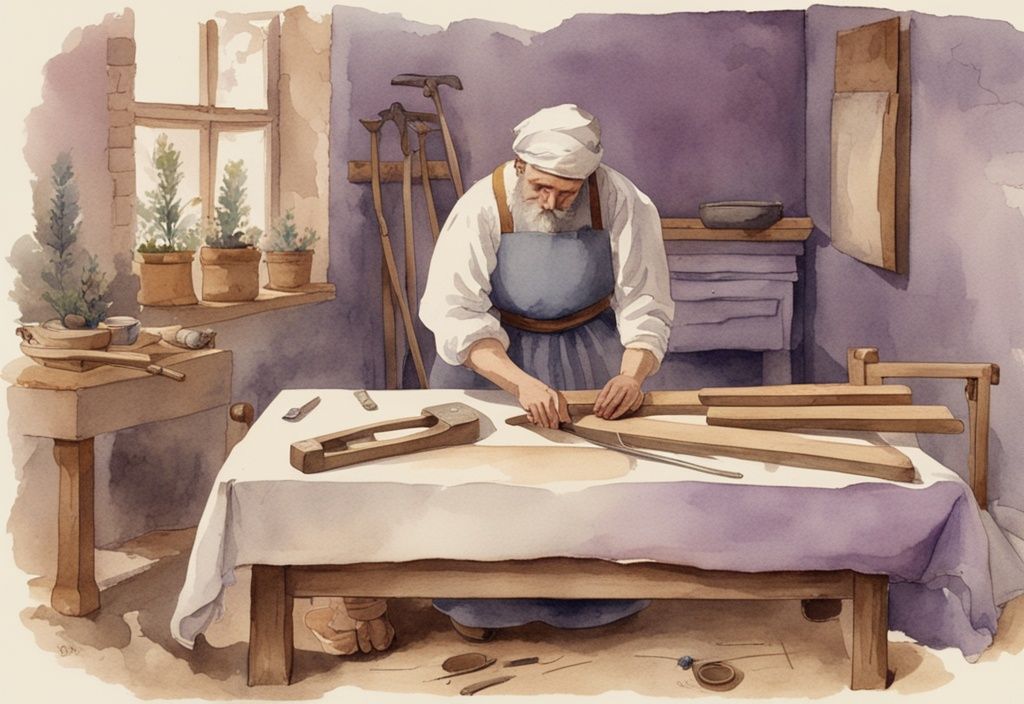 Vintage Aquarellillustration eines antiken Handwerkers, der ein einfaches Holzgestell für ein Bett baut, umgeben von Werkzeugen der Epoche, in Lavendel gehalten.