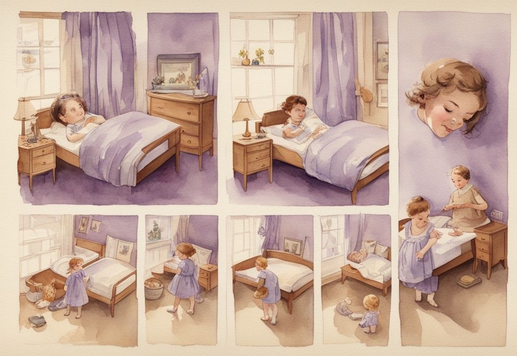 Vintage Aquarell-Illustration mit Lavendel-Thema, zeigt Zeitleiste der kindlichen Entwicklung mit Fokus auf das Alter, in dem Kinder nicht mehr aus dem Bett fallen