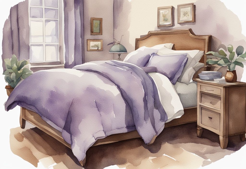 Vintage Aquarell-Illustration eines ordentlich gemachten Bettes mit Leinenbettwäsche in Lavendelfarben, Nahaufnahme der Textur und Materialdetails