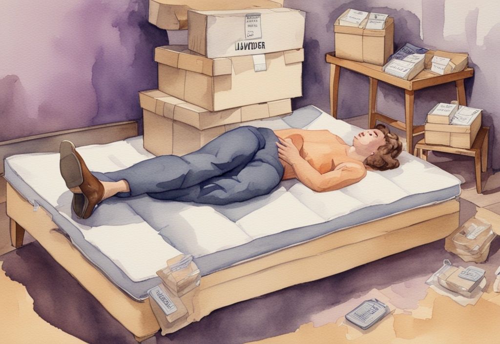 Vintage-Aquarell-Illustration einer Person, die auf einer neuen Matratze mit noch angebrachten Etiketten liegt, umgeben von unausgepackten Kartons, was passiert wenn man neue Matratze zu früh benutzt.