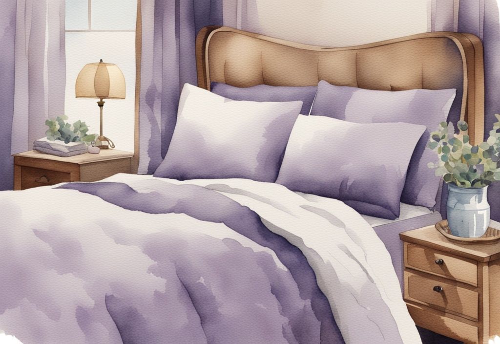 Vintage Aquarell-Illustration eines ordentlich gemachten Bettes mit Leinenbettwäsche in Lavendelfarben, Nahaufnahme der Stoffstruktur und Webart, was ist Linon Bettwäsche