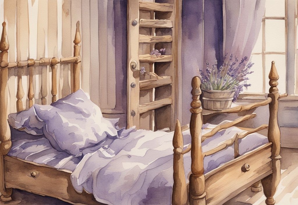 Vintage Aquarellillustration einer perplexen Person, die die Holzlatten und Federn eines quietschenden Bettes untersucht, mit Lavendelfarben; warum quietscht mein Bett.