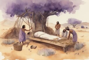 Vintage Aquarellillustration von frühen Menschen, die das erste Bett mit Stroh, Tierfellen und Holz erfinden, Hauptfarbthema Lavendel - wer hat das Bett erfunden.